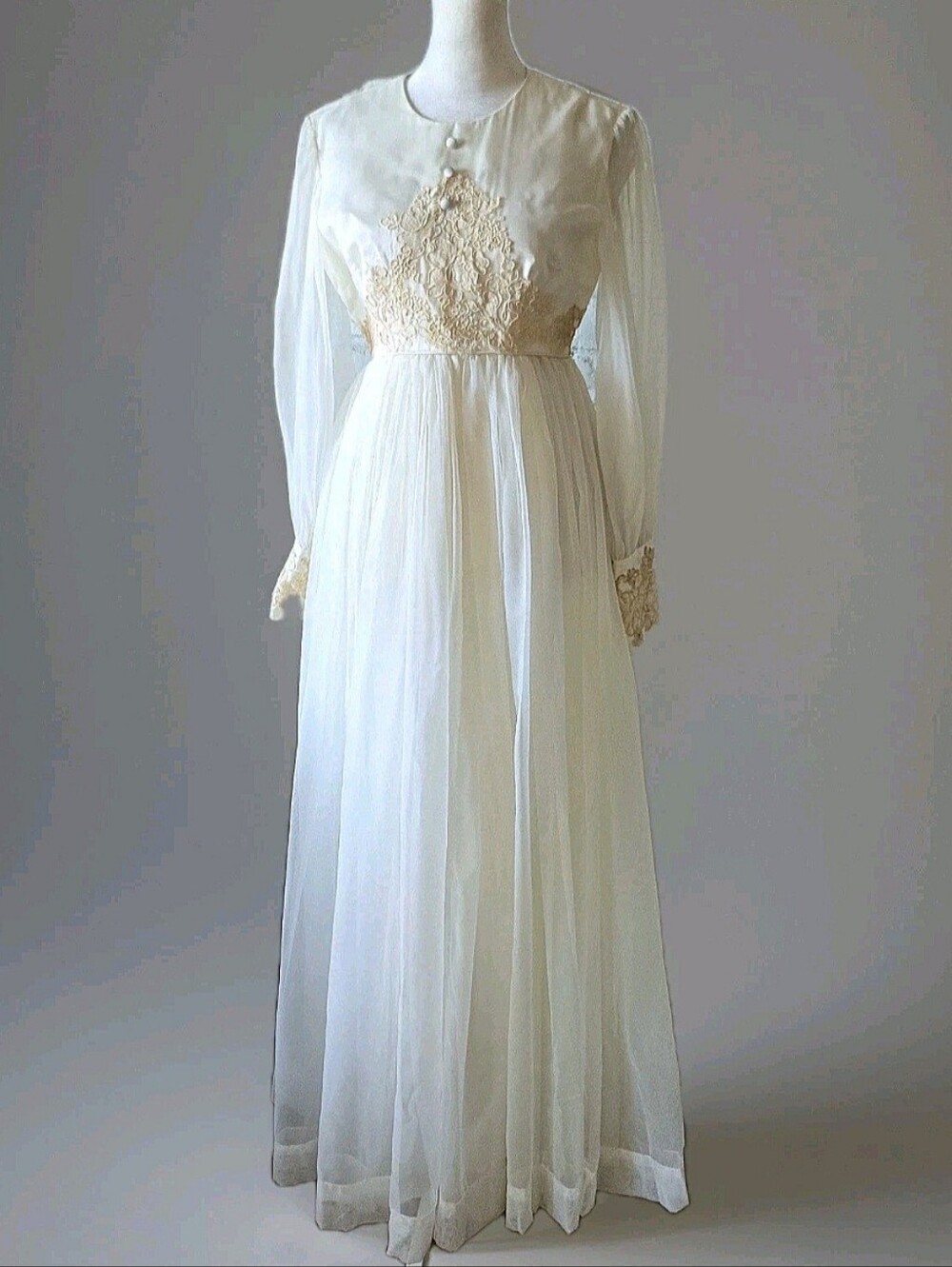 Vtg 70s Cream Lace Wedding Gown, Xs, Victorian Revival